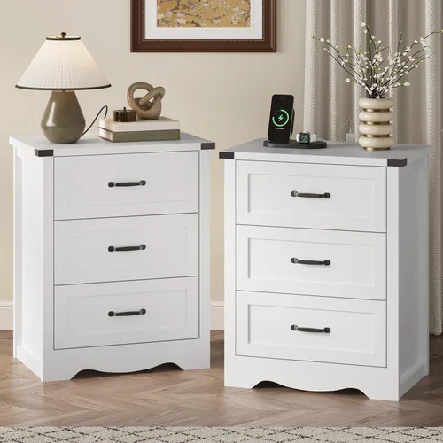 Vista 8 de Mesita de noche con 3 cajones, mesa auxiliar de 61 cm de ancho estilo granja, mesa de noche de madera rústica con asa metálica, cómoda moderna