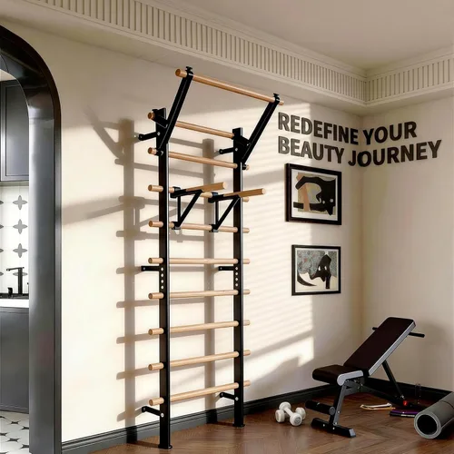 Vista 7 de Escalera sueca barra de madera para parada, entrenador de suspensión con barra de dominadas y accesorios de barra de inmersión, barra de madera