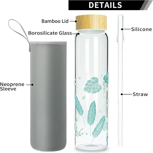 Vista 4 de Botella de agua de vidrio de 32 onzas con popote, botella de vidrio de borosilicato de boca ancha con tapa de bambú y funda de neopreno Plátano