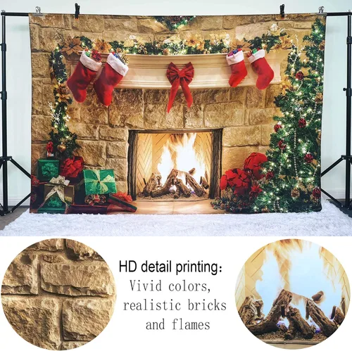 Vista 6 de Telón de fondo de diseño de chimenea de Navidad con decoraciones de regalos, árbol y calcetines (7 x 5 pies), suave, duradero, para sesión de fotos