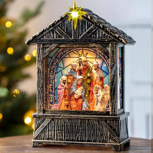 Vista 6 de Globo de nieve navideño con agua brillante, escena de cardenal con música y temporizador, linterna iluminada con USB/operada por batería