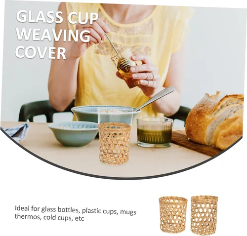 Vista 3 de BESTonZON 2 fundas de bambú para tazas de vidrio, decoración de vidrio, vaso de café, jarrón de ratán, centros de mesa de boda para mesas jarrones a