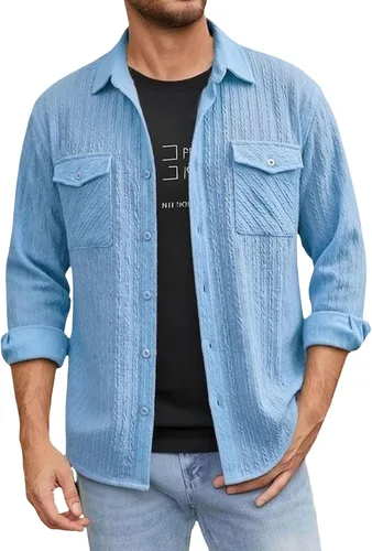 Vista 10 de Camisas con botones para hombre, casual, de manga larga, con cuello jacquard, texturizada, ligera, sobrecamisa, sobrecamisa