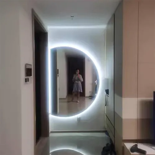 Vista 4 de Espejo de baño semicírculo, retroiluminado, espejo de tocador LED de 3 colores, luz de media luna, entrada de longitud completa, espejo de pared