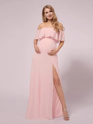 Vista 4 de Ever-Pretty Vestido de fiesta de embarazo con hombros descubiertos y abertura lateral larga de gasa con volantes para mujer, vestidos de fotografía