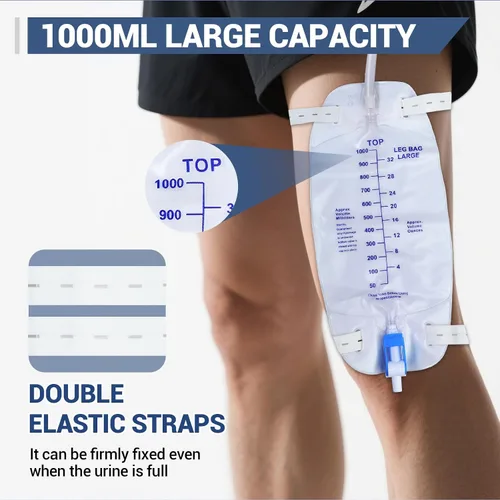 Vista 6 de Paquete de 5 bolsas de 33.8 fl oz para piernas de drenaje urinario con correas ajustables para el hombro y tubo flexible de 17.7 pulgadas con diseño