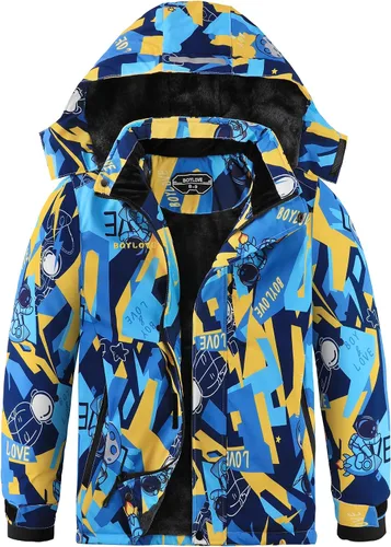 Vista 9 de Chaquetas de esquí para niños, impermeable, abrigo de invierno con forro polar, resistente al viento, chaqueta de snowboard con capucha desmontable