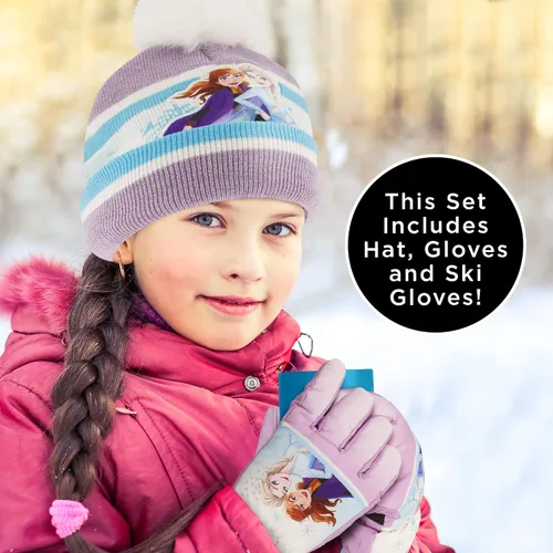 Vista 2 de Disney girls Winter Hat With Knit Mittens Set and Insulated Ski Ages 2-4 Or Frozen Knit Gloves and Glove Set Age 4-7
