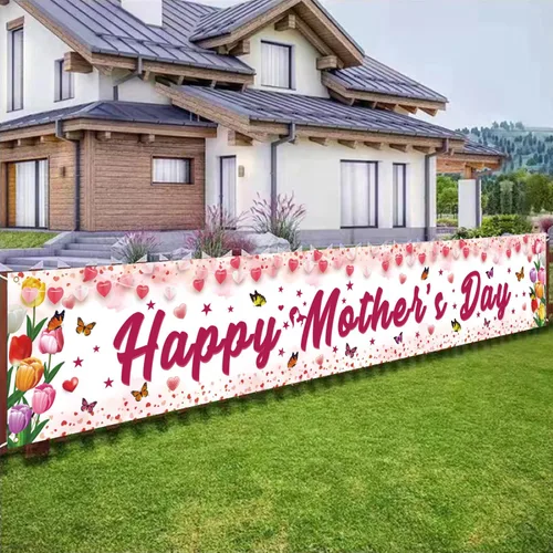 Vista 3 de Decoraciones para el día de la madre, pancarta de feliz día de la madre, tamaño grande, diseño floral rosa con mariposas, decoración para el día