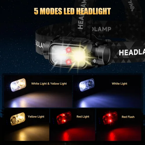 Vista 3 de ATDOALL Linterna frontal LED recargable, lámpara de cabeza súper brillante de alto lumen con luz roja, sensor de movimiento, 5 modos, ajustable a