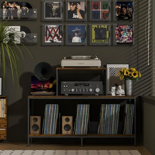 Vista 6 de Sonyabecca Espaciosa mesa de tocadiscos vintage – Capacidad para 150 – 250 álbumes de vinilo, divisores ajustables, áreas de visualización lateral