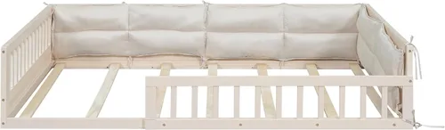 Vista 7 de Cama de plataforma de tamaño matrimonial con valla, plataforma tapizada de madera con barandilla y almohada, color beige