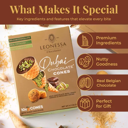 Vista 6 de Leonessa Conos de Chocolate Dubai con Pistacho Kunafa Hechos con Chocolates Belgas Premium Chocolate Kunafa Chocolates de Dubai - 4,7 oz