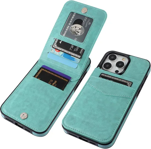 Vista 25 de KIHUWEY Compatible con iPhone 15 Pro Max Funda Billetera con Soporte para Tarjeta de Crédito, Tapa de Cuero Premium con Cierre Magnético y Soporte