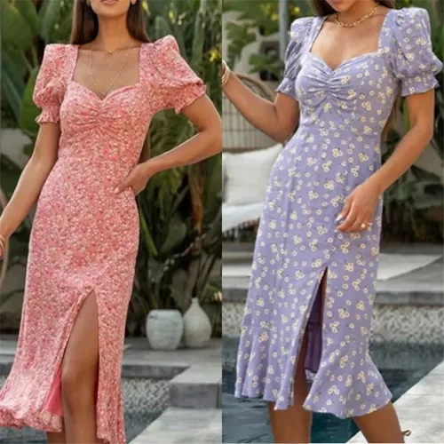 Vista 4 de TFBGXLHQ Vestido de verano plisado con cuello cuadrado y espalda abierta para mujer