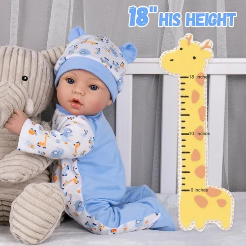 Vista 7 de Aori Reborn Baby Dolls Boy - Muñeca realista de bebé recién nacido de 18'' con juego de alimentación azul y certificado de nacimiento - Cuerpo