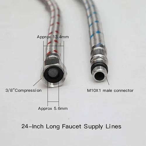 Vista 2 de Conector de grifo de 24 pulgadas de largo, 2 líneas de suministro de grifo, manguera de inodoro trenzada de acero inoxidable, rosca de compresión