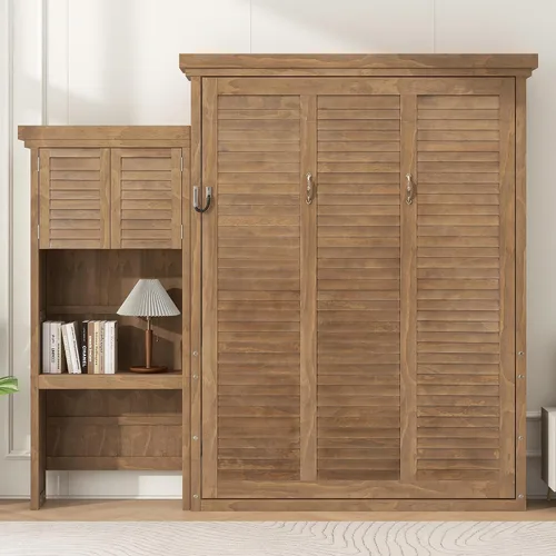 Vista 29 de Cama Murphy de Pared Tamaño Queen con Escritorio en Forma de L, Sofá de 2 Asientos y Luz, Marco de Cama Murphy Tradicional de Madera Maciza