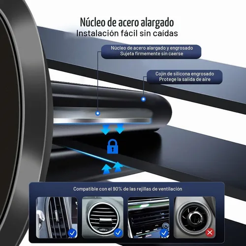 Vista 5 de Mini soporte de teléfono de aleación de aluminio para ventilación de automóvil, imán súper fuerte N52, universal, compatible con iPhone 17 Negro