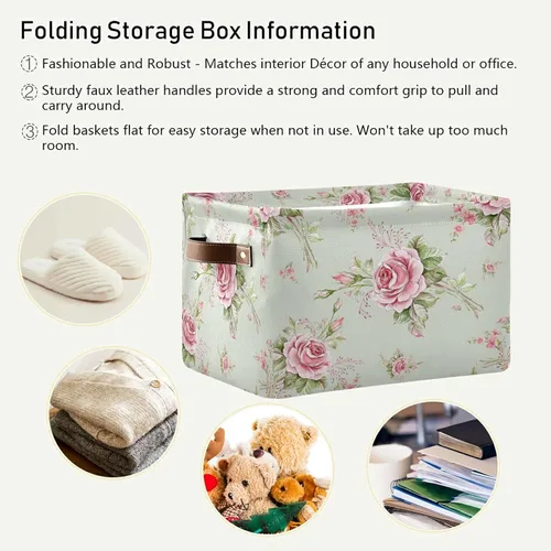 Vista 6 de Cubo de almacenamiento plegable con patrón de rosas y flores florales para niños y mujeres, organizador comprimible con asa, cesta de almacenamiento