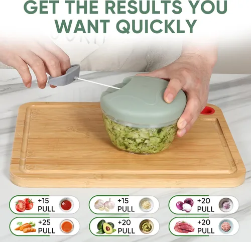 Vista 3 de Picador de alimentos manual, picador de ajo con contenedor, cortador de cocina de verduras, procesador de alimentos de mano con cuerda de tracción