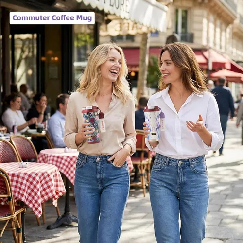 Vista 2 de MAGRACE Taza de viaje de café – Vaso de café a prueba de fugas con tapa abatible y pajilla, aislado al vacío para bebidas calientes y frías