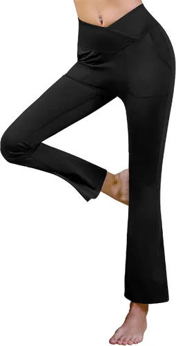 Vista 2 de lemonsky Pantalones de yoga acampanados para mujer, de cintura alta, para entrenamiento, casual, corte de bota, con control de abdomen, pantalones