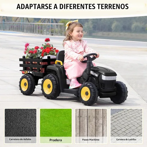 Vista 6 de TOBBI - Tractor de juguete a batería de 12 V con remolque color verde, rosado y rojo