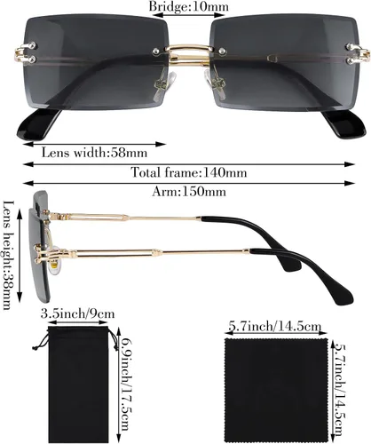Vista 2 de URATOT Paquete de 4 lentes de sol rectangulares sin montura vintage sin montura retro gafas de sol con marco de metal para hombres y mujeres