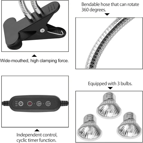 Vista 9 de Lámpara de calor para reptiles, lámpara de calefacción de doble cabeza para reptiles, lámpara de tortuga UVA/B con abrazadera, control separado, luz