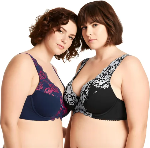 Vista 14 de Curve Muse Brasier reductor sin forro con aros para mujer con bordado de encaje, paquete de 2