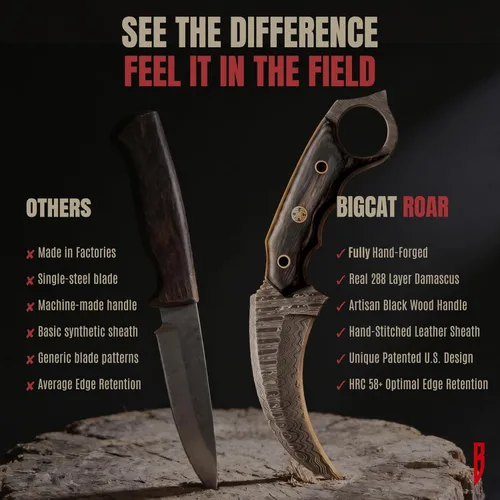 Vista 2 de BIGCAT ROAR Desert Fox - Cuchillo karambit de acero de Damasco hecho a mano de 7.5 pulgadas - Hoja fija curvada de espiga completa - Mango de madera