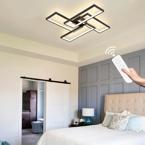 Vista 8 de Shine LUEST Modernas luces LED de techo para dormitorio, 26 pulgadas, regulables, cuadradas, para sala de estar, con control remoto, lámpara negra