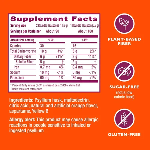 Vista 11 de Metamucil 4-en-1 suplemento de fibra de cáscara de psyllium, sin azúcar, 180 cucharaditas, sabor a naranja, polvo de fibra diaria para la salud