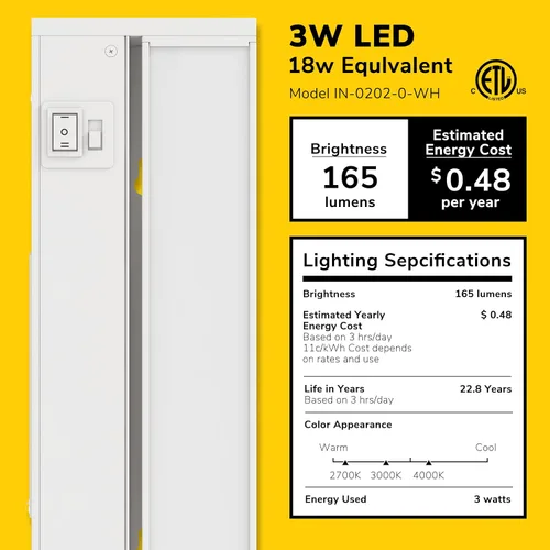Vista 2 de GetInLight luz LED para parte inferior de gabinete, giratoria, de 3 niveles de color, para atenuador, con cables y enchufe, blanco cálido de 2,700