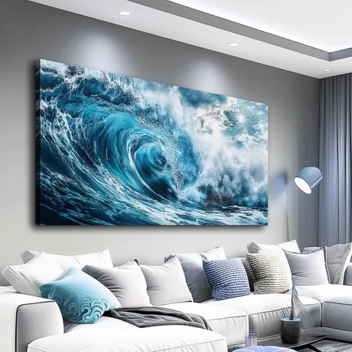 Vista 11 de ERQINHUA Gran decoración de pared para sala de estar, arte de pared en lienzo para restaurante, decoraciones para oficina, pinturas de mar azul