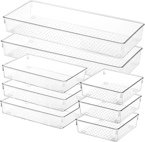 Vista 8 de Voova Juego de 6 organizadores de cajones de plástico, 3 tamaños de bandejas organizadoras de cajones de escritorio de cocina y oficina, divisor