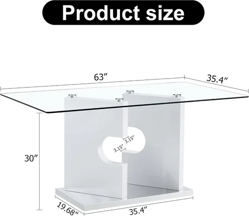 Vista 2 de Mesa de comedor moderna de cristal, mesa de cocina rectangular de 63 pulgadas para 4-6 personas, mesa de comedor de vidrio templado de 0.39 pulgadas