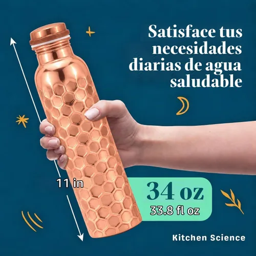Vista 4 de Kitchen Science Auténtica botella ayurvédica de cobre (34 oz/33.8 fl oz) de cuero para agua potable Probado en laboratorio, a prueba de fugas