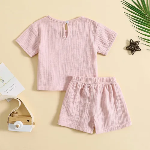 Vista 3 de Conjunto de 2 piezas de camiseta de algodón y lino de manga corta y pantalones cortos elásticos, 2 piezas, ropa casual de verano