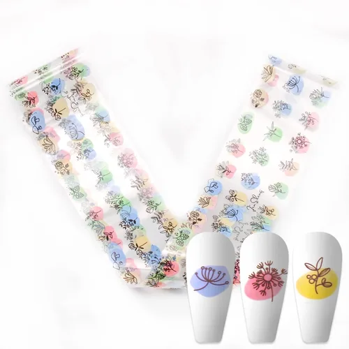 Vista 6 de 10 rollos de calcomanías de transferencia de flores, hojas de lámina de uñas con patrón de pintura de tinta de bambú para decoraciones y suministros