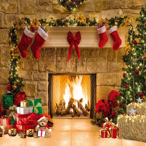 Vista 9 de CHAIYA Fondos de fotografía de Navidad de 7 x 5 pies con temática de chimenea de Navidad, suministros para fiestas de Navidad, fondo de fotos