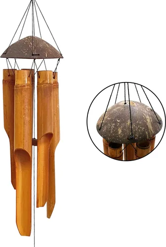 Vista 2 de Campanas de viento hechas a mano, 5 tubos de campana de bambú, parte superior de madera de coco, campanillas de madera de tono bajo y profundo