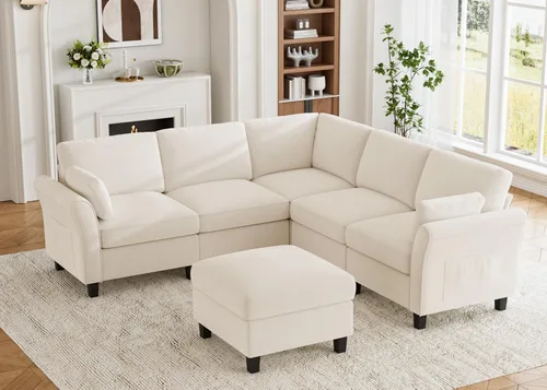 Vista 21 de Legend Vansen Sofá modular seccional, cómodo sofá modular en forma de U de 6 asientos con espacio de almacenamiento y diván, sofás seccionales Crema