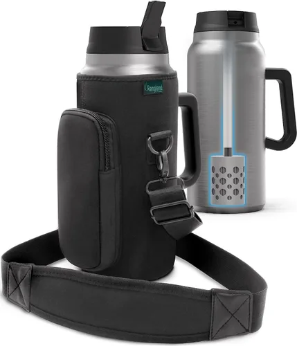 Vista 8 de Vaso de 64 onzas con asa y tapa con popote, botella de agua de metal aislada con soporte para bolsa de transporte y correa para el hombro