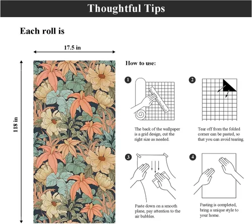 Vista 7 de Laatse Papel Tapiz Floral Despegar y Pegar, Papel Tapiz Vintage de Peonías y Margaritas, Papel de Contacto Floral Autoadhesivo Mural de Pared