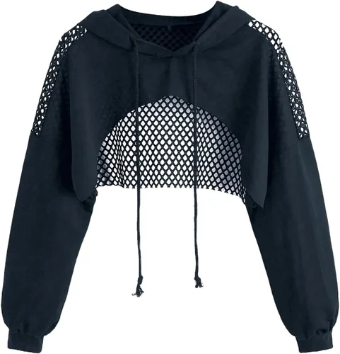Vista 15 de SweatyRocks - Sudadera de manga larga, informal, corta, con diseño de abertura frontal, para mujer Negro sólido