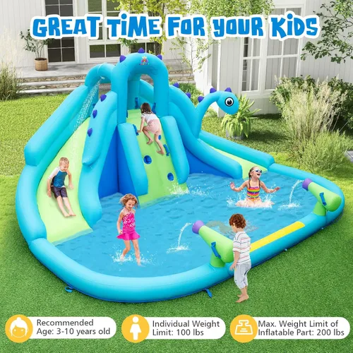 Vista 7 de BOUNTECH Parque inflable de tobogán acuático con dinosaurio, parque acuático de toboganes dobles con pared de escalada, castillo animoso