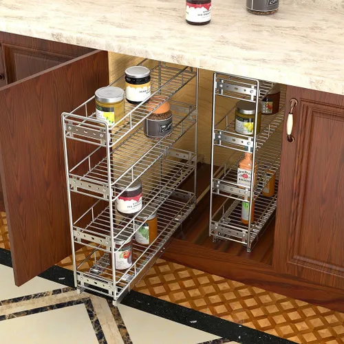 Vista 4 de OCG Organizador de estantes extraíbles de cajones de gabinete de cocina de 4 niveles (5" de ancho x 21" de profundidad), cestas de alambre