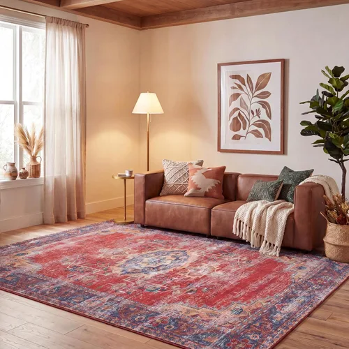 Vista 11 de SAFAVIEH Tucson Collection - Alfombra lavable de 2 pies 6 x 8 pies, color rojo y azul marino, antideslizante, ideal para zonas de alto tráfico